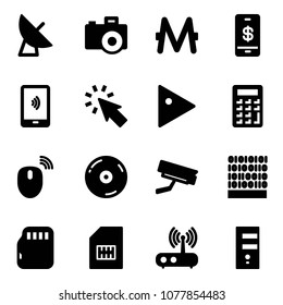 Solid vector icon set - satellite antenna vector, camera, monero, mobile payment, cursor, play, calculator, mouse wireless, cd, surveillance, binary code, micro flash card, sim, wi fi router, server