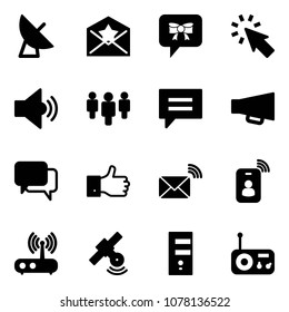 Solid vector icon set - satellite antenna vector, star letter, bow message, cursor, volume medium, group, chat, loudspeaker, dialog, finger up, wireless mail, identity card, wi fi router, server