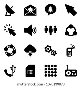 Solid vector icon set - satellite antenna vector, star letter, merry christmas message, cursor, volume medium, group, social, friends, download cloud, gears, mobile phone, sim, circuit, radio