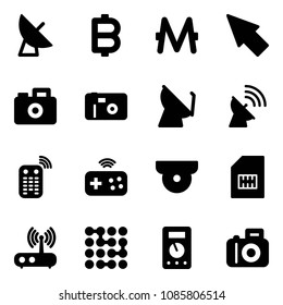 Solid vector icon set - satellite antenna vector, bitcoin, monero, cursor, camera, photo, remote control, joystick wireless, surveillance, sim, wi fi router, circuit, multimeter