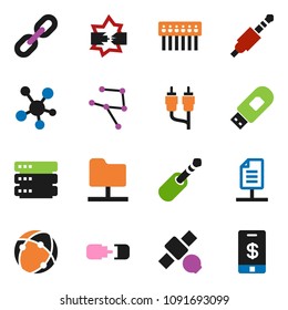 solid vector icon set - satellite vector, social media, rca, jack, connection, network, disconnection, folder, big data, hub, usb modem, chain, document, tap pay