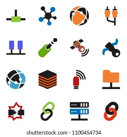 solid vector icon set - satellite vector, satellitie, social media, link, rca, jack, connect, connection, server, disconnection, network folder, big data, usb modem, chain
