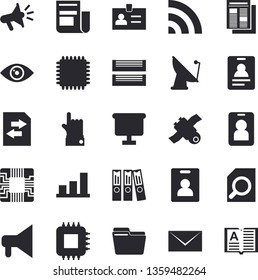 Solid vector icon set - satellite antenna flat vector, motherboard, flipchart, news, mouthpiece, computer file, magnifier, folder, paper tray, mail, satellit, cpu, chart, indentity card fector, pass