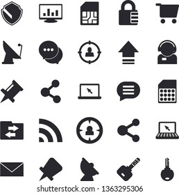 Solid vector icon set - satellite antenna flat vector, SIM card, grocery trolley, target audience, telephone operator, chat, computer chart, laptop, security fector, share, broadcast, upload, lock