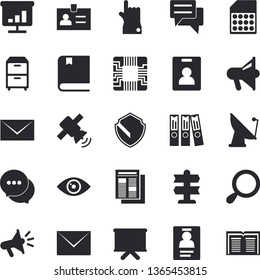 Solid vector icon set - satellite antenna flat vector, motherboard, SIM card, flipchart, news, mouthpiece, chat, chart, badge, folder, archive, mail, satellit, textbook, indentity fector, pointer