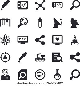 Solid vector icon set - satellite antenna flat vector, magnifier, target audience, molecules, pipette, computer diagnostics of health, flask, molecule, atom, gas burner, oscilloscope, scientist