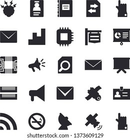 Solid vector icon set - satellite antenna flat vector, motherboard, signboard, flipchart, mouthpiece, chart, badge, magnifier, paper tray, mail, satellit, textbook, brainstorm, no smoking fector