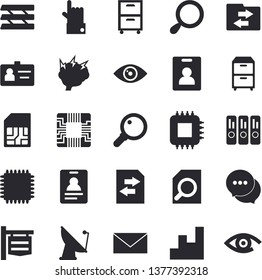 Solid vector icon set - satellite antenna flat vector, motherboard, SIM card, signboard, chat, badge, magnifier, folder, paper tray, archive, chart, cpu, brainstorm, indentity fector, file sharing