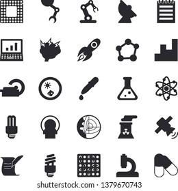 Solid vector icon set - satellite antenna flat vector, rocket, pipette, microscope, tomograph, flask, molecule, atom, notepad, chart, robot hand, satellit, energy saving lamp fector, computer, cpu