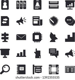 Solid vector icon set - satellite antenna flat vector, motherboard, signboard, flipchart, news, mouthpiece, chat, chart, folder, paper tray, textbook, pointer fector, security, pass, file sharing