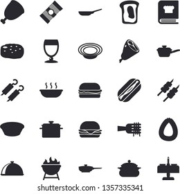 Solid vector icon set - saucepan flat vector, frying pan, saute, cookbook, barbecue, dish, spaghetti, sausage, on a fork, hamburger, hot dog, soup, ham, shashlik, cutlet, wine, sandwich