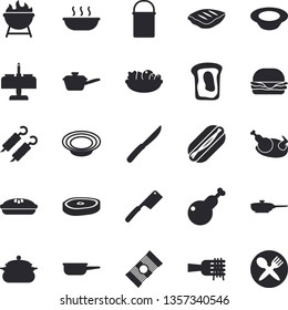 Solid vector icon set - saucepan flat vector, frying pan, hiking pot, saute, knives, barbecue, spaghetti, on a fork, hamburger, hot dog, dish, salad, soup, pie, chicken, chop, shashlik, sandwich