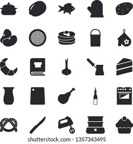 Solid vector icon set - saucepan flat vector, hiking pot, cake, potholder, knives, cutting board, turk, electric stove, mixer, double boiler, cookbook, sieve, jugful, potato, ham, fish, legumes