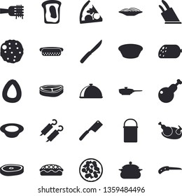Solid vector icon set - saucepan flat vector, frying pan, hiking pot, knives, dish, chop, sausage, spaghetti on a fork, hot dog, pizza, soup, pie, chicken, shashlik, cutlet, sandwich, knife
