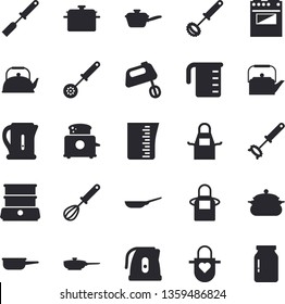Solid vector icon set - saucepan flat vector, frying pan, saute, meashuring cup, teapot, electric kettle, apron, kitchen spatula, spoon, whisk, stove, toaster, mixer, double boiler, glass jar