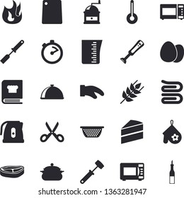 Solid vector icon set - saucepan flat vector, cake, meashuring cup, colander, electric kettle, potholder, kitchen spatula, stopwatch, towel, scissors, meat hammer, cutting board, coffee grinder, egg
