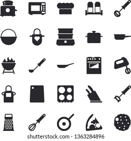 Solid vector icon set - saucepan flat vector, frying pan, cauldron, saute, teflon, cook hat, apron, ladle, whisk, knives, cutting board, electric stove, microwave, toaster, mixer, double boiler
