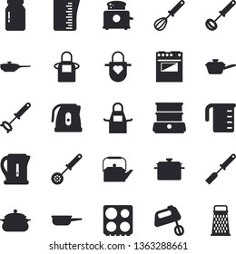 Solid vector icon set - saucepan flat vector, frying pan, saute, meashuring cup, teapot, electric kettle, apron, kitchen spatula, spoon, whisk, stove, toaster, mixer, double boiler, glass jar