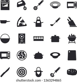 Solid vector icon set - saucepan flat vector, cauldron, saute, apron, ladle, kitchen spoon, whisk, knives, cutting board, electric stove, induction cooker, microwave, mixer, spice, barbecue, pizza
