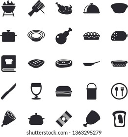 Solid vector icon set - saucepan flat vector, frying pan, hiking pot, knives, cookbook, barbecue, dish, table setting, spaghetti, sausage, on a fork, hamburger, hot dog, soup, pie, chicken, ham
