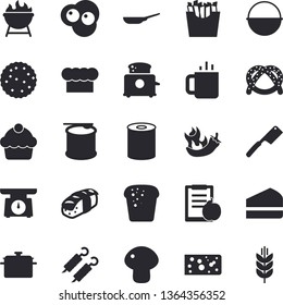 Solid vector icon set - saucepan flat vector, frying pan, cauldron, weighing machine, cook hat, knives, toaster, barbecue, bagel, cake, cheese, bread, canned food, mushroom, piece of, shashlik, tea
