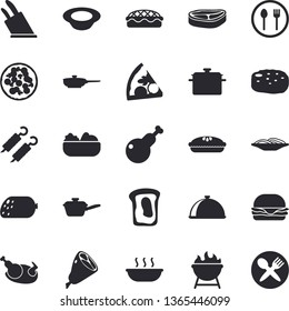 Solid vector icon set - saucepan flat vector, frying pan, saute, knives, barbecue, dish, table setting, chop, sausage, spaghetti, hamburger, pizza, salad, soup, pie, chicken, ham, shashlik, cutlet