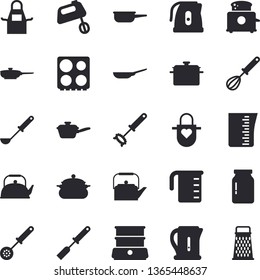 Solid vector icon set - saucepan flat vector, frying pan, saute, meashuring cup, teapot, electric kettle, apron, ladle, kitchen spatula, spoon, whisk, stove, toaster, mixer, double boiler, glass jar
