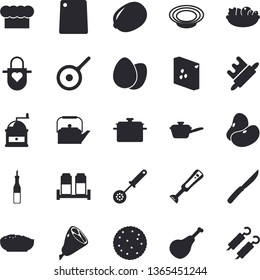 Solid vector icon set - saucepan flat vector, saute, teflon, teapot, cook hat, apron, kitchen spoon, knives, rolling pin, cutting board, coffee grinder, blender, spice, groats, ham, legumes, sauce