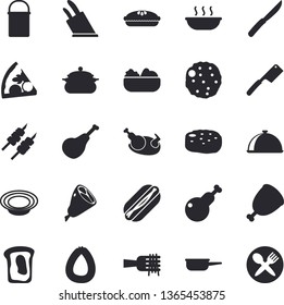 Solid vector icon set - saucepan flat vector, hiking pot, saute, knives, dish, ham, sausage, spaghetti on a fork, hot dog, pizza, salad, soup, pie, chicken, shashlik, cutlet, sandwich
