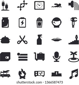 Solid vector icon set - saucepan flat vector, scissors, spaghetti, popcorn, ear, pulverizer, hose irrigation, bonfire, battery, glass bottles, purse, clock, career ladder, oscilloscope, dna