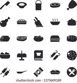 Solid vector icon set - saucepan flat vector, frying pan, hiking pot, knives, cookbook, spaghetti, chop, sausage, hamburger, dish, salad, soup, pie, chicken, ham, shashlik, cutlet, table setting