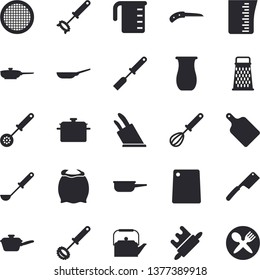 Solid vector icon set - saucepan flat vector, frying pan, saute, meashuring cup, teapot, ladle, kitchen spatula, spoon, whisk, knives, rolling pin, cutting board, flour, sieve, grater, jugful, knife