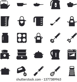 Solid vector icon set - saucepan flat vector, frying pan, saute, meashuring cup, teapot, electric kettle, apron, ladle, kitchen spatula, whisk, stove, toaster, mixer, double boiler, glass jar