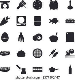 Solid vector icon set - saucepan flat vector, saute, weighing machine, kitchen egg timer, towel, cutting board, turk, fridge, spice, flour, sieve, chop, fish, onion, carrot, biscuit, porridge, pie