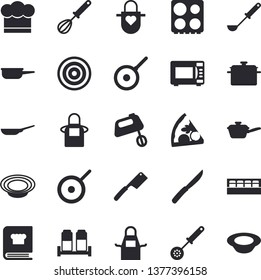 Solid vector icon set - saucepan flat vector, frying pan, saute, teflon, cook hat, apron, ladle, kitchen spoon, whisk, knives, electric stove, induction cooker, microwave, mixer, cookbook, spice