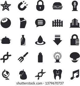 Solid Vector Icon Set - Saucepan Flat Vector, Hamburger, Pear, Mushroom, Pitchfork, Fence, Drop, Magnet, Glass Bottles, Idea, DNA, Tooth, Office Building, Globe, Bowling Ball, Buttocks, Sports, Lock