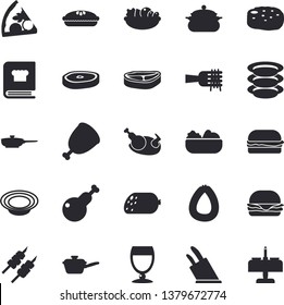 Solid vector icon set - saucepan flat vector, frying pan, saute, knives, cookbook, plates, chop, sausage, spaghetti on a fork, hamburger, pizza, dish, salad, pie, chicken, ham, shashlik, cutlet