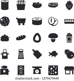 Solid vector icon set - saucepan flat vector, weighing machine, apron, cutting board, induction cooker, toaster, spice, grater, mushroom, chop, fish, sausage, cheese, bread, canned food, salad