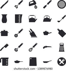 Solid vector icon set - saucepan flat vector, frying pan, saute, meashuring cup, teapot, ladle, kitchen spatula, spoon, whisk, knives, cutting board, mixer, sieve, grater, jugful, knife