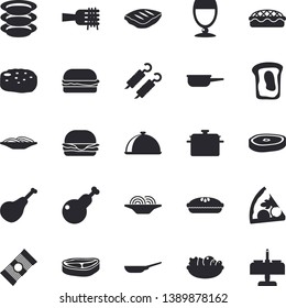 Solid vector icon set - saucepan flat vector, frying pan, saute, dish, plates, spaghetti, chop, ham, on a fork, hamburger, pizza, salad, pie, chicken, shashlik, cutlet, wine, sandwich