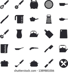 Solid vector icon set - saucepan flat vector, frying pan, saute, meashuring cup, teapot, ladle, kitchen spatula, spoon, whisk, knives, cutting board, flour, sieve, grater, jugful, knife