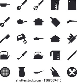 Solid vector icon set - saucepan flat vector, frying pan, saute, meashuring cup, teapot, ladle, kitchen spoon, whisk, knives, rolling pin, cutting board, mixer, sieve, jugful, knife