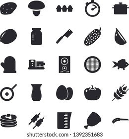 Solid vector icon set - saucepan flat vector, teflon, meashuring cup, potholder, stopwatch, knives, induction cooker, food processor, egg, glass jar, sieve, jugful, mushroom, potato, tomato, fish