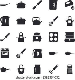 Solid vector icon set - saucepan flat vector, frying pan, saute, meashuring cup, teapot, electric kettle, apron, ladle, kitchen spatula, whisk, stove, toaster, mixer, double boiler, glass jar