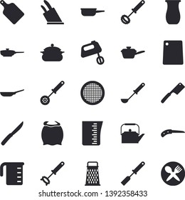 Solid vector icon set - saucepan flat vector, frying pan, saute, meashuring cup, teapot, ladle, kitchen spatula, spoon, whisk, knives, cutting board, mixer, flour, sieve, grater, jugful, knife