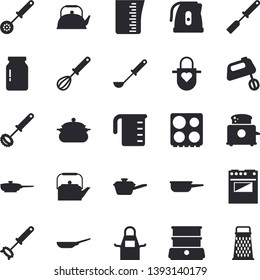 Solid vector icon set - saucepan flat vector, frying pan, saute, meashuring cup, teapot, electric kettle, apron, ladle, kitchen spatula, spoon, whisk, stove, toaster, mixer, double boiler, glass jar