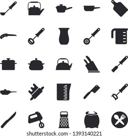 Solid vector icon set - saucepan flat vector, frying pan, saute, meashuring cup, teapot, ladle, kitchen spatula, spoon, whisk, knives, rolling pin, cutting board, mixer, flour, grater, jugful, knife