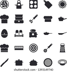 Solid vector icon set - saucepan flat vector, frying pan, saute, cook hat, apron, kitchen spoon, whisk, egg timer, knives, cutting board, electric stove, induction cooker, gas, toaster, spice, sieve