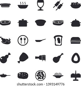 Solid vector icon set - saucepan flat vector, frying pan, table setting, chop, ham, sausage, spaghetti on a fork, hamburger, hot dog, pizza, salad, soup, chicken, shashlik, cutlet, wine, sandwich