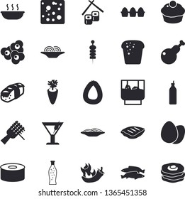 Solid vector icon set - sausage flat vector, cheese, egg, bread, canned food, spaghetti on a fork, cupcake, soup, chicken, chop, carrot, hot peppers, fish rolls, sashimi, popcorn, lemonade, cocktail